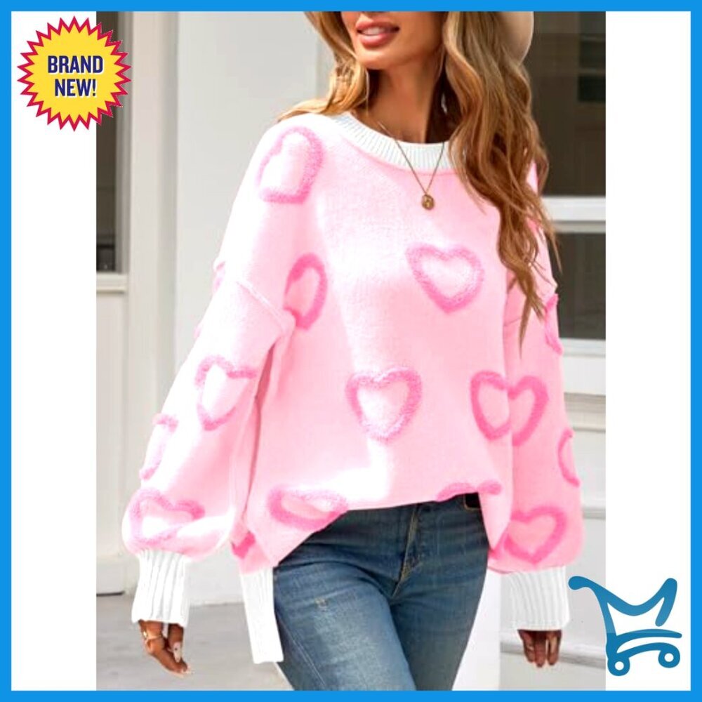 Oversized Chunky Knit Heart Sweater Y2K Cute Winter Pullover Side Slit - Picture 3 of 7